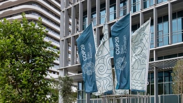 Baku, Azerbaijan - August 11, 2024. Climate change conference. COP29 flags.