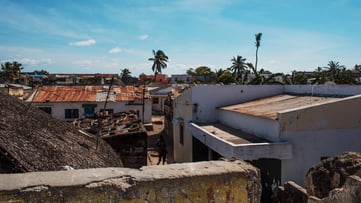 Mozambique - July 8th 2019: rundown buildings in the slum area of the Island of Mozambique. Nampula Province, Mozambique, Africa