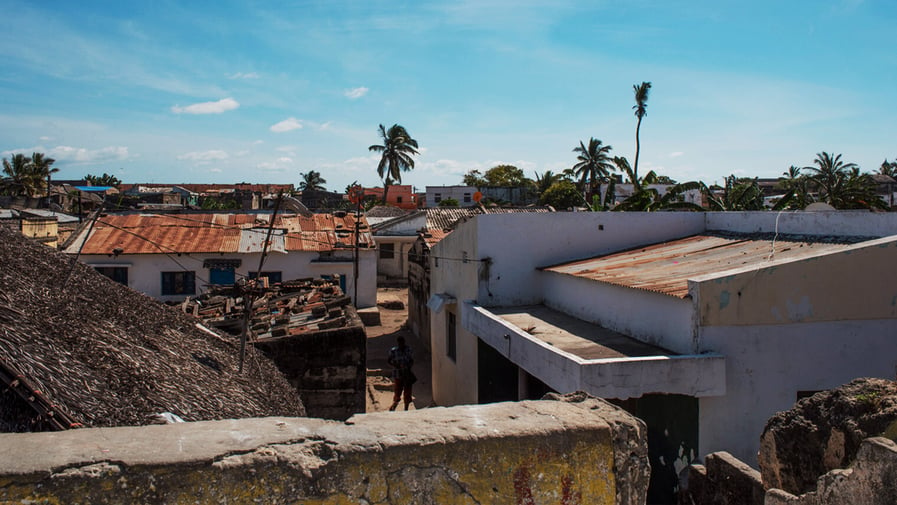 Mozambique - July 8th 2019: rundown buildings in the slum area of the Island of Mozambique. Nampula Province, Mozambique, Africa