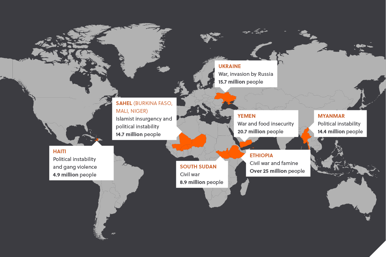 The local crisis and number of people in need of aid